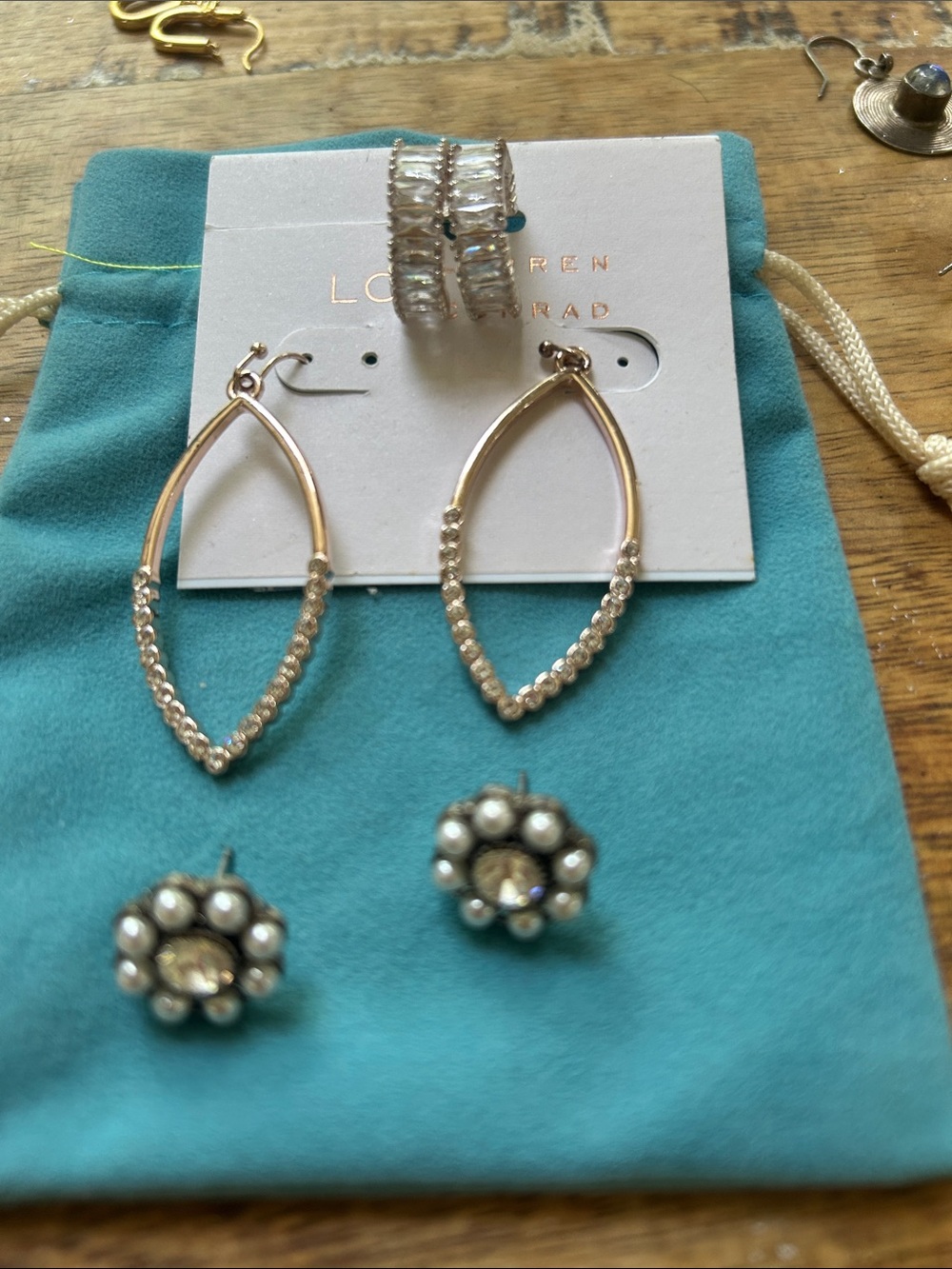 LC Lauren Conrad Rose Gold Teardrop Hoop Earrings with Crystal Beading 3 Pairs